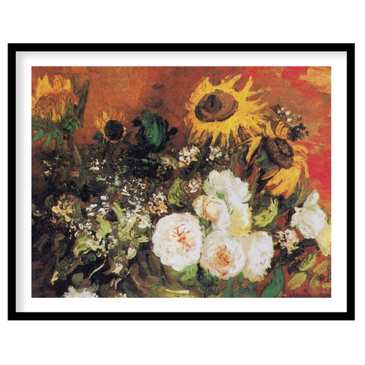 This captivating artwork features an expressive blend of sunflowers and roses. The rich earthy for gallery