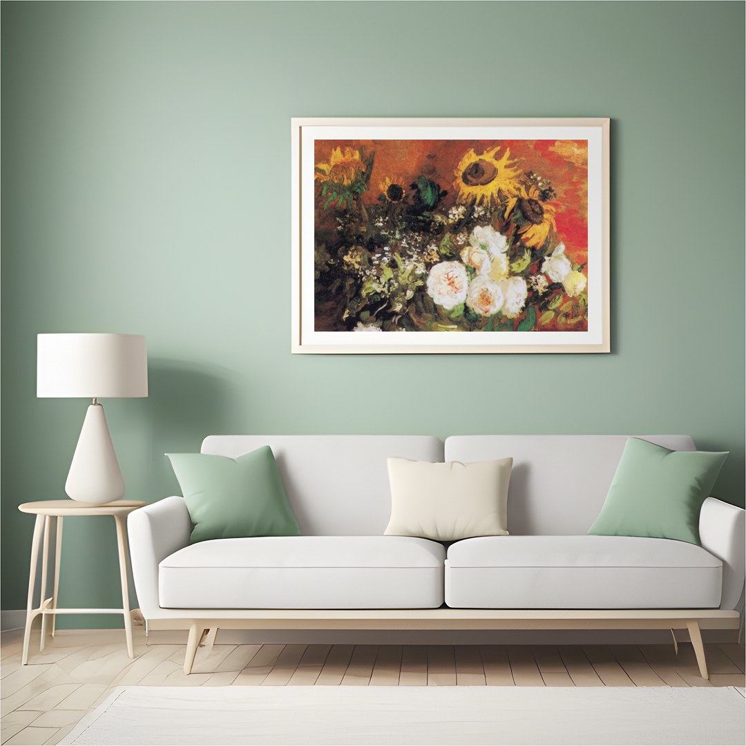 This captivating artwork features an expressive blend of sunflowers and roses. The rich earthy for Hall