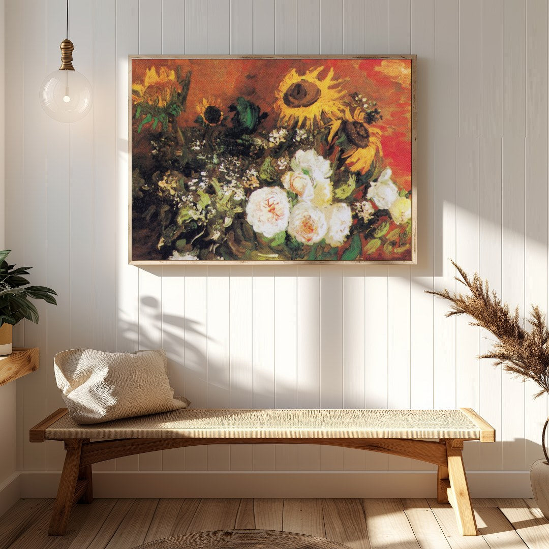 This captivating artwork features an expressive blend of sunflowers and roses. The rich earthy for Hallway