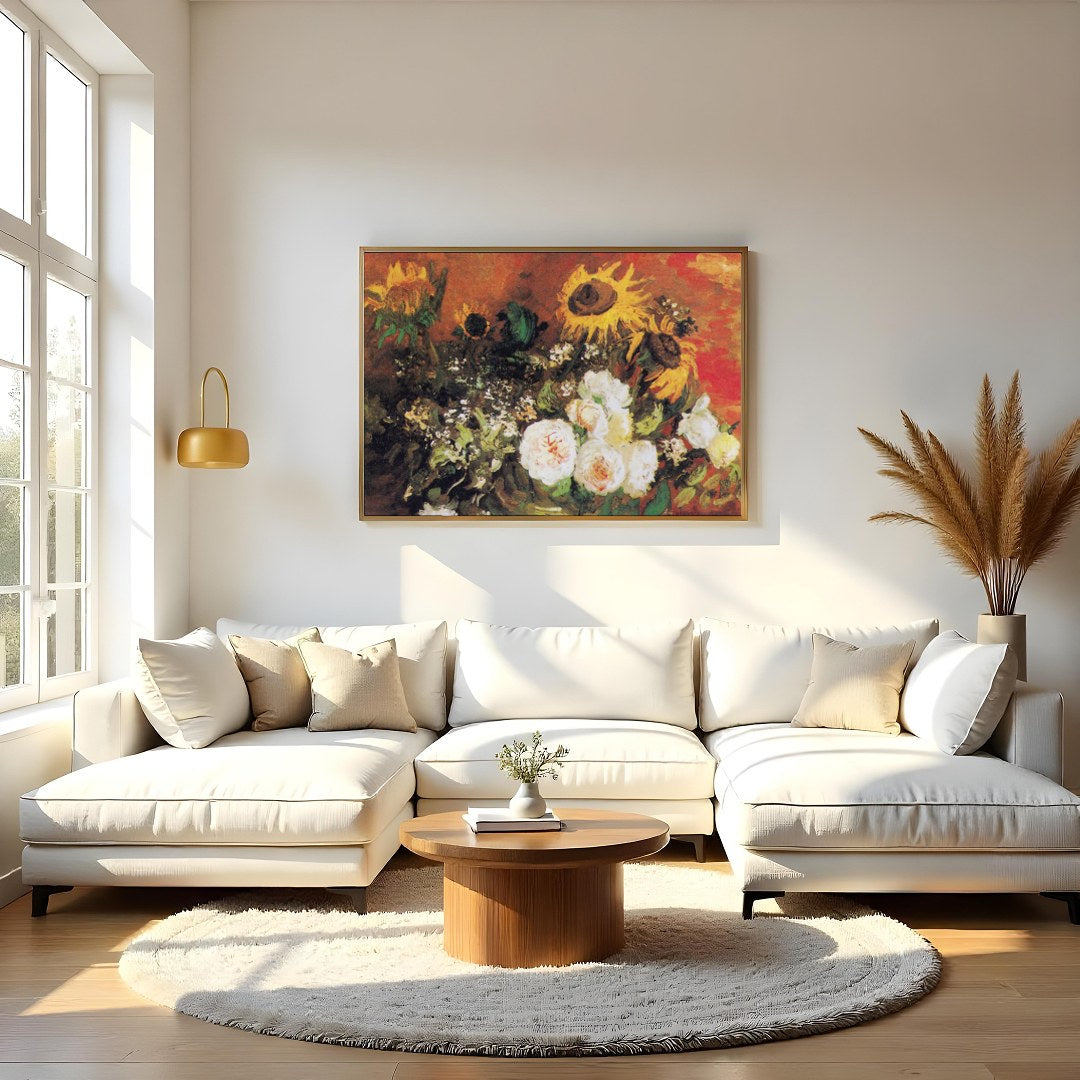 This captivating artwork features an expressive blend of sunflowers and roses. The rich earthy for Living Room