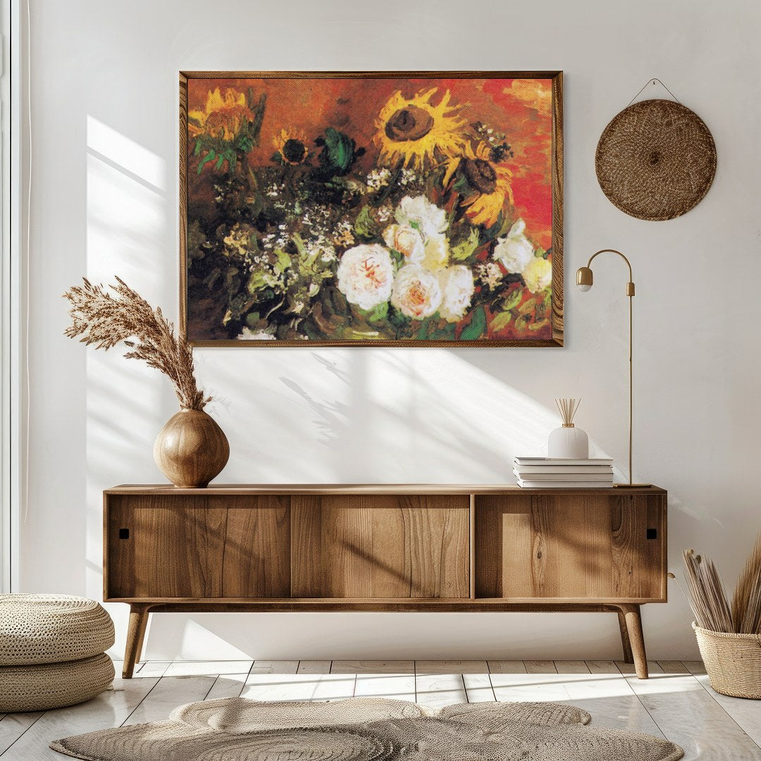 This captivating artwork features an expressive blend of sunflowers and roses. The rich earthy for Sitting Area