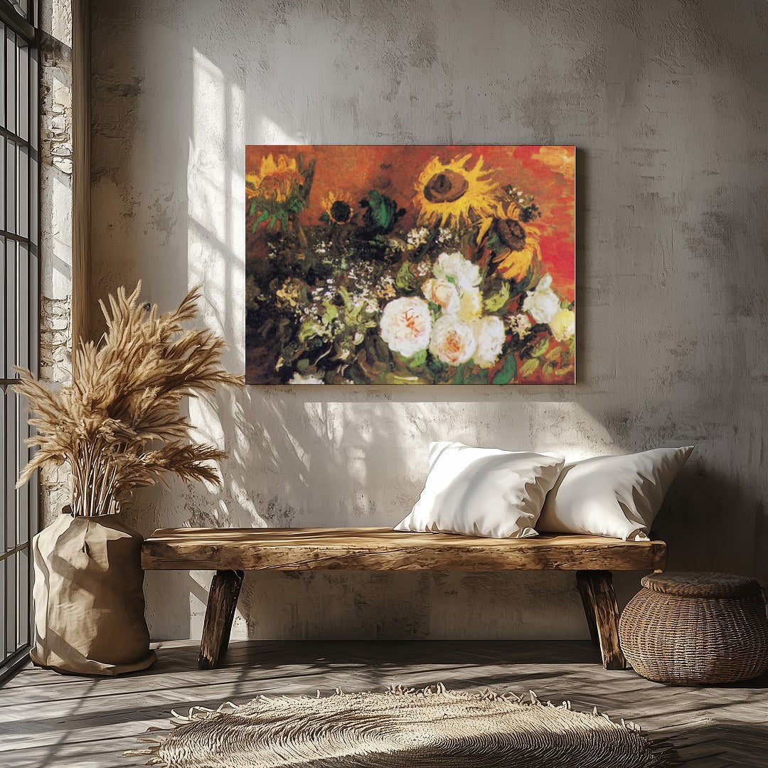 This captivating artwork features an expressive blend of sunflowers and roses. The rich earthy for Veranda
