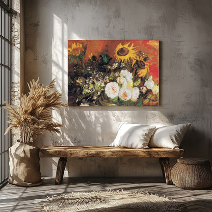 This captivating artwork features an expressive blend of sunflowers and roses. The rich earthy for Veranda