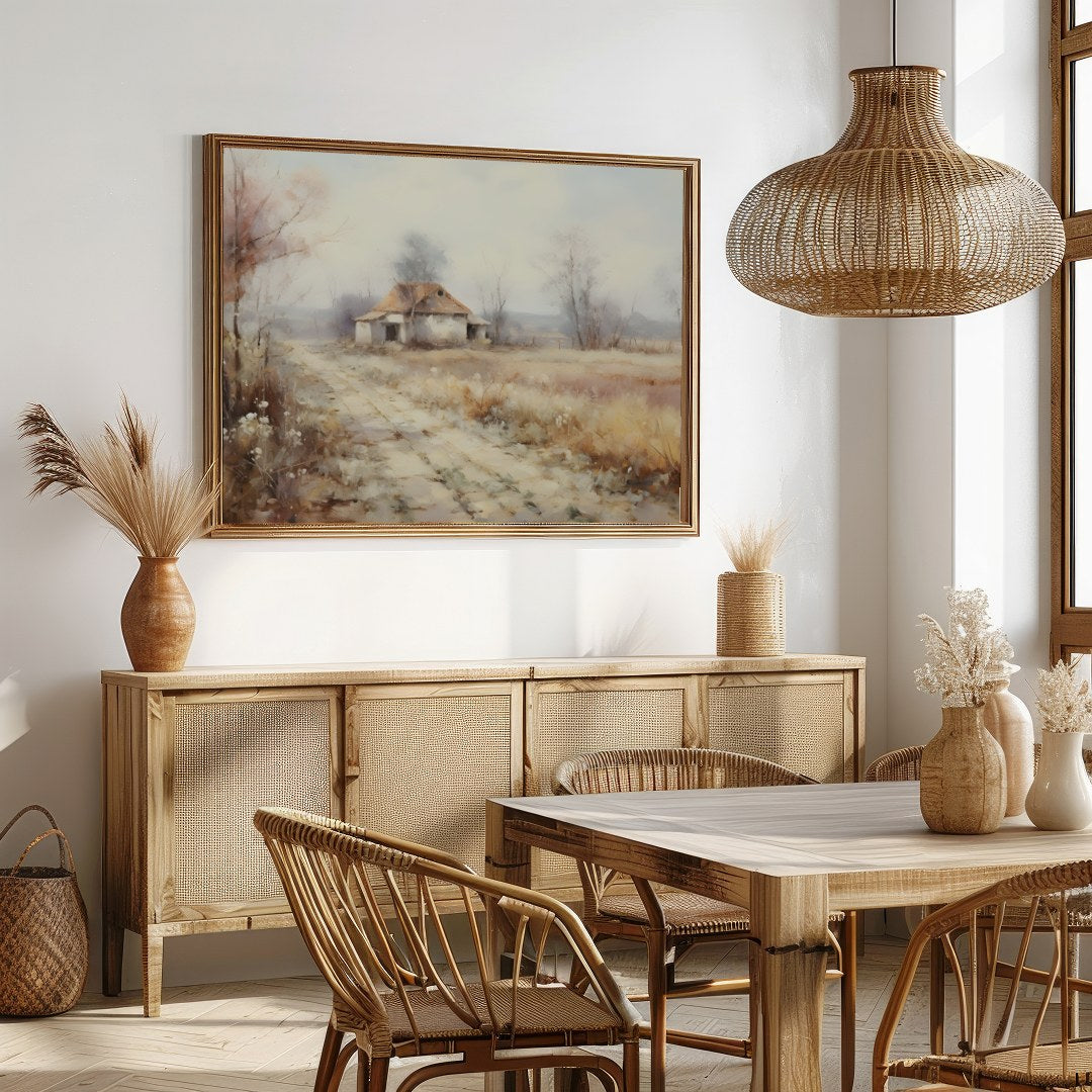 Immerse yourself in the serenity of nature with this pastoral landscape depicting a quaint cottage for Dining
