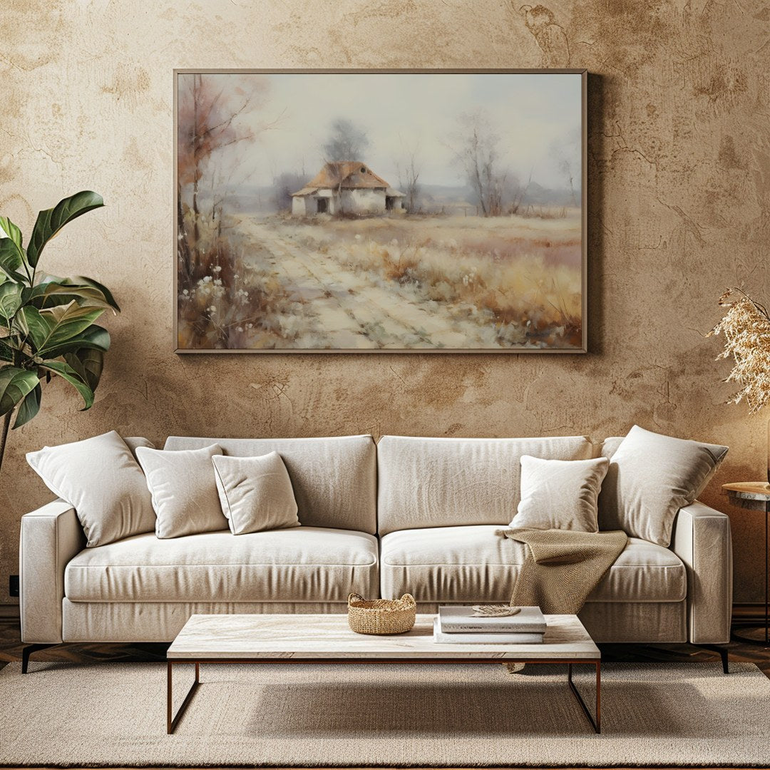 Immerse yourself in the serenity of nature with this pastoral landscape depicting a quaint cottage for Family Room