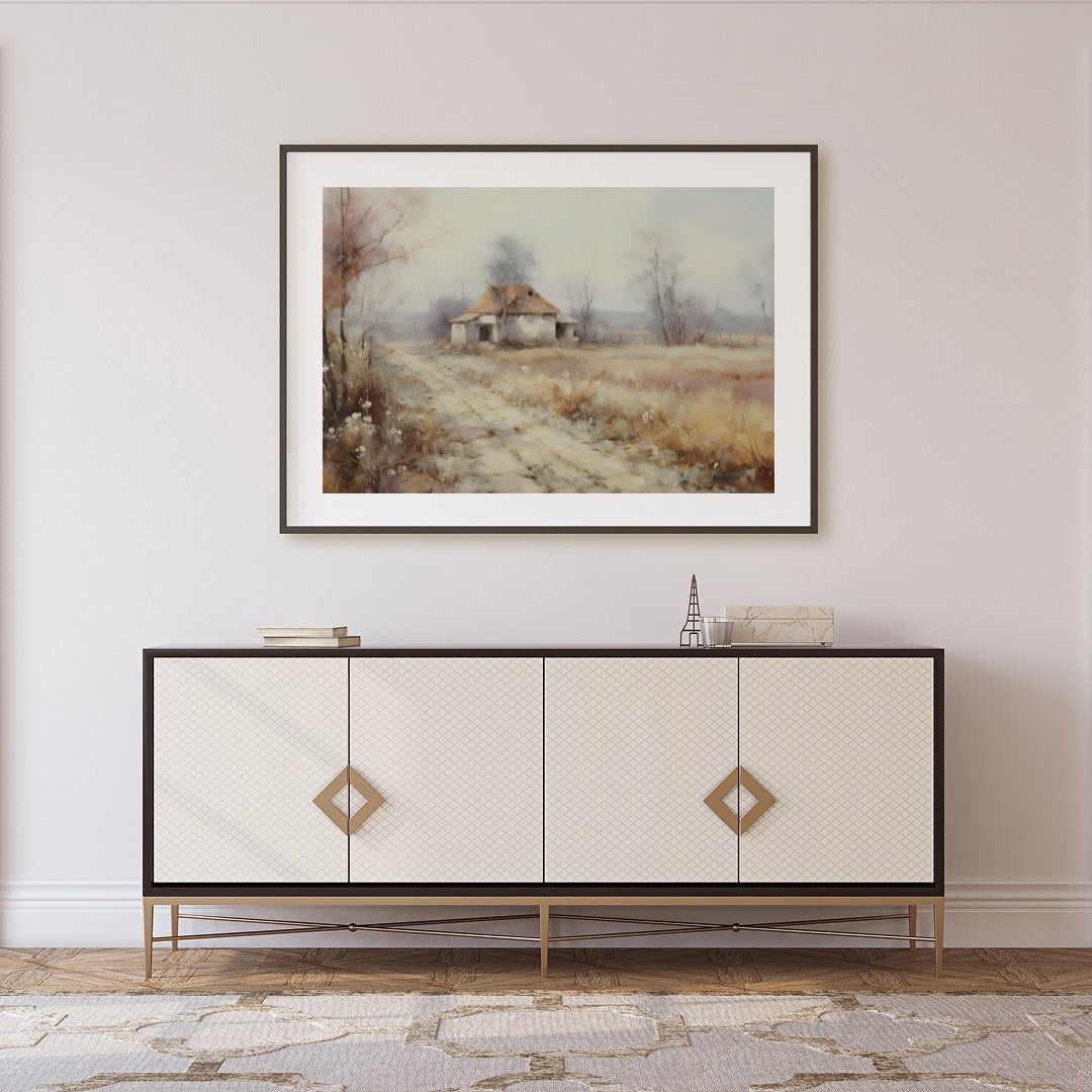 Immerse yourself in the serenity of nature with this pastoral landscape depicting a quaint cottage for Foyer