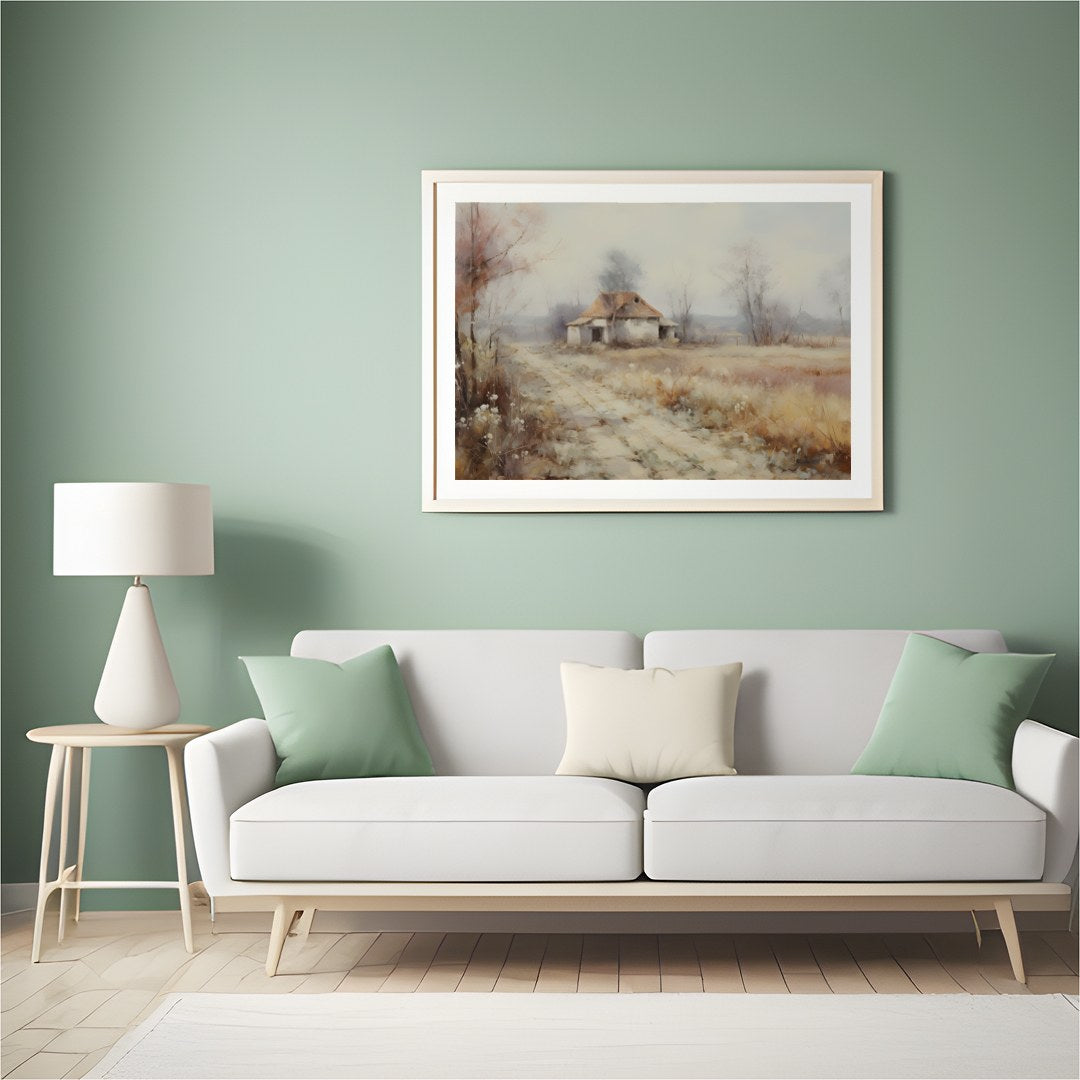 Immerse yourself in the serenity of nature with this pastoral landscape depicting a quaint cottage for Hall