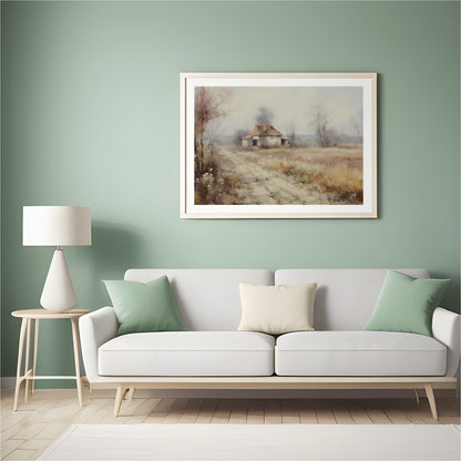 Immerse yourself in the serenity of nature with this pastoral landscape depicting a quaint cottage for Hall