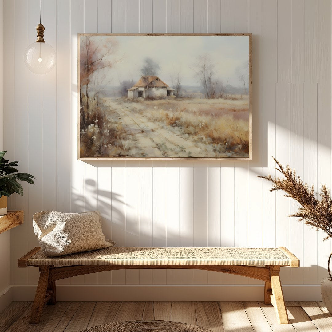 Immerse yourself in the serenity of nature with this pastoral landscape depicting a quaint cottage for Hallway
