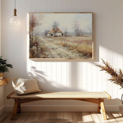 Immerse yourself in the serenity of nature with this pastoral landscape depicting a quaint cottage for Hallway