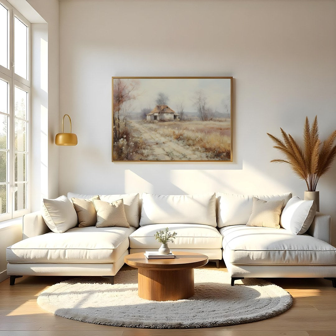 Immerse yourself in the serenity of nature with this pastoral landscape depicting a quaint cottage for Living Room