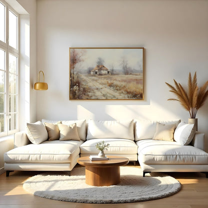 Immerse yourself in the serenity of nature with this pastoral landscape depicting a quaint cottage for Living Room