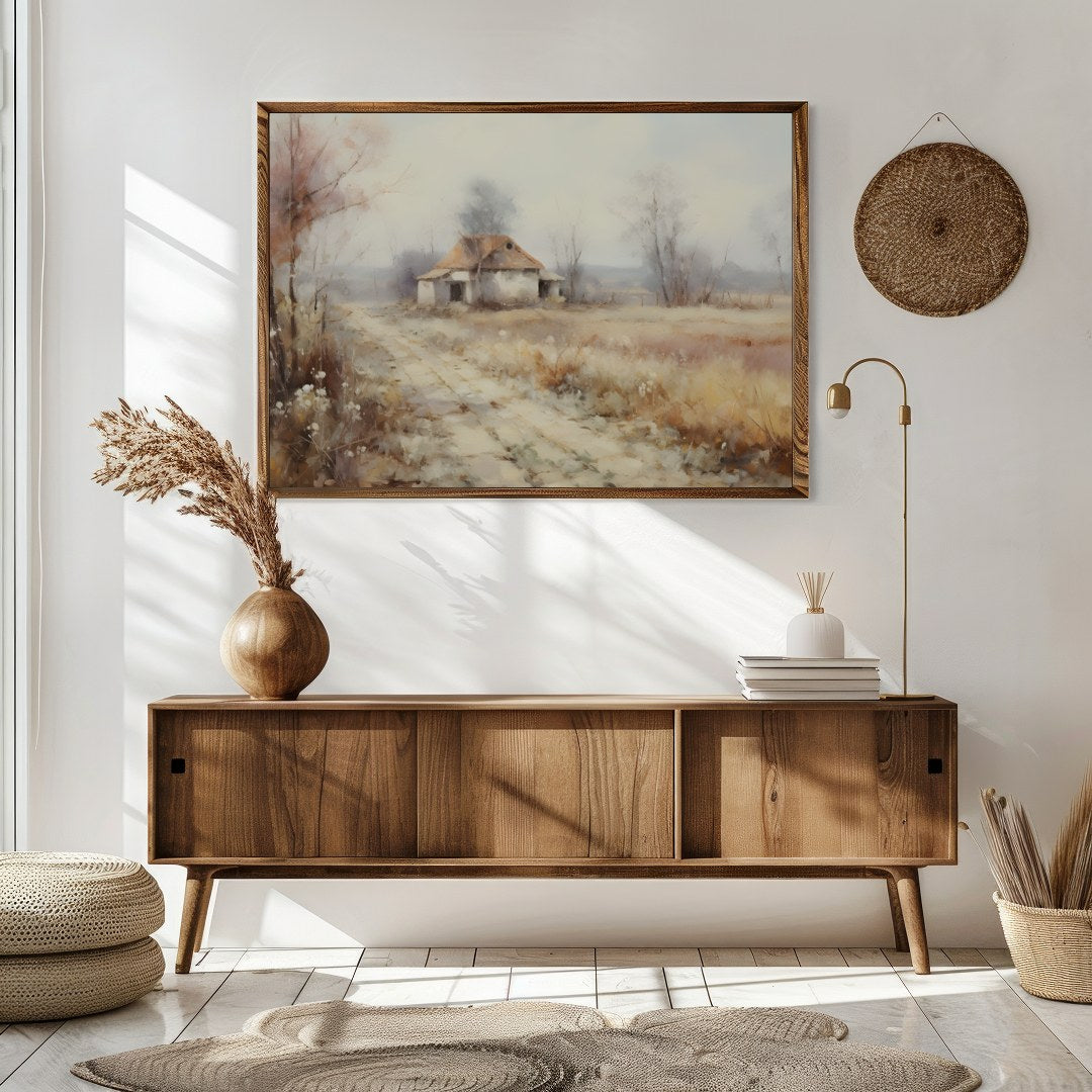 Immerse yourself in the serenity of nature with this pastoral landscape depicting a quaint cottage for Sitting Area