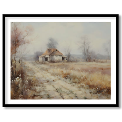 Immerse yourself in the serenity of nature with this pastoral landscape depicting a quaint cottage for space