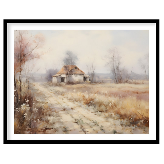 Immerse yourself in the serenity of nature with this pastoral landscape depicting a quaint cottage for space
