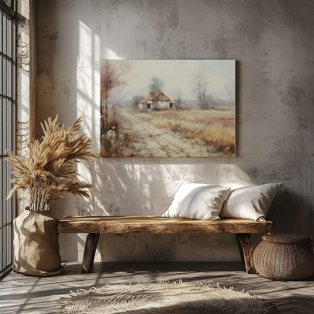 Immerse yourself in the serenity of nature with this pastoral landscape depicting a quaint cottage for Veranda