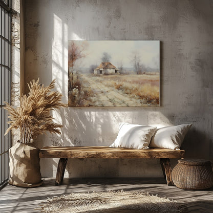 Immerse yourself in the serenity of nature with this pastoral landscape depicting a quaint cottage for Veranda