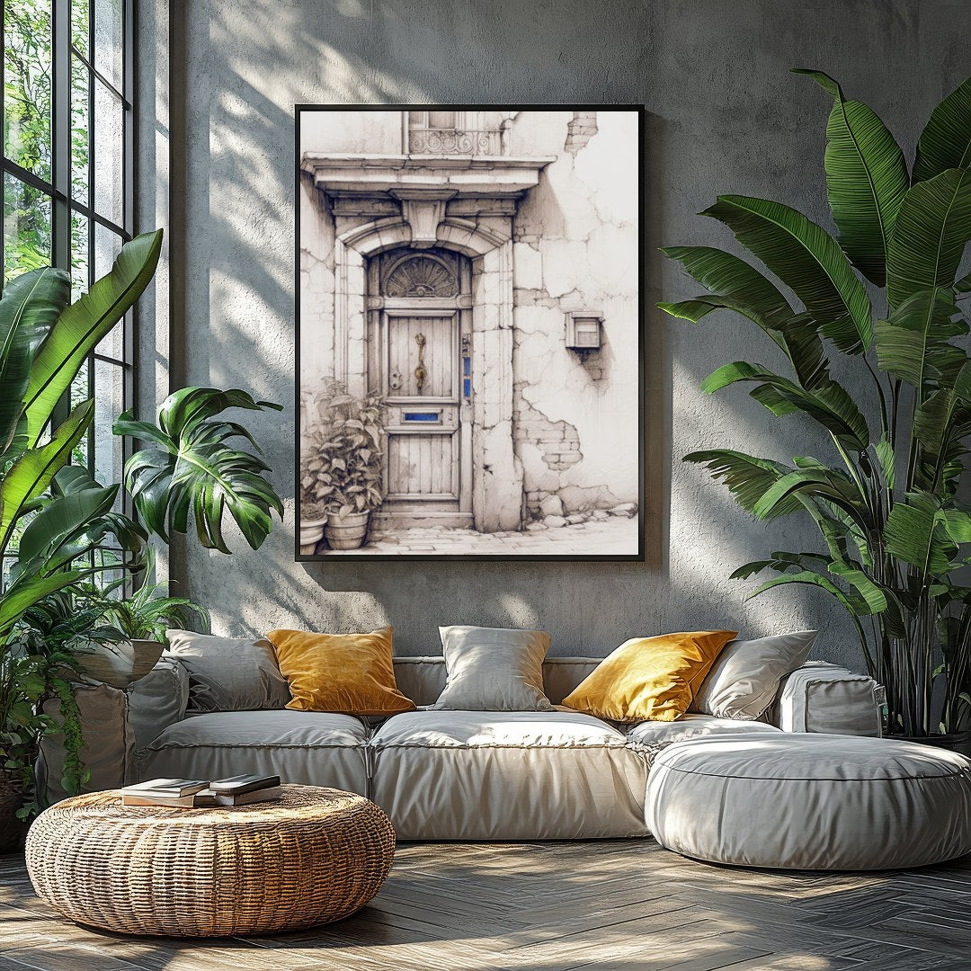 This captivating artwork features a detailed sketch of a rustic doorway, adorned with weathered for Balcony