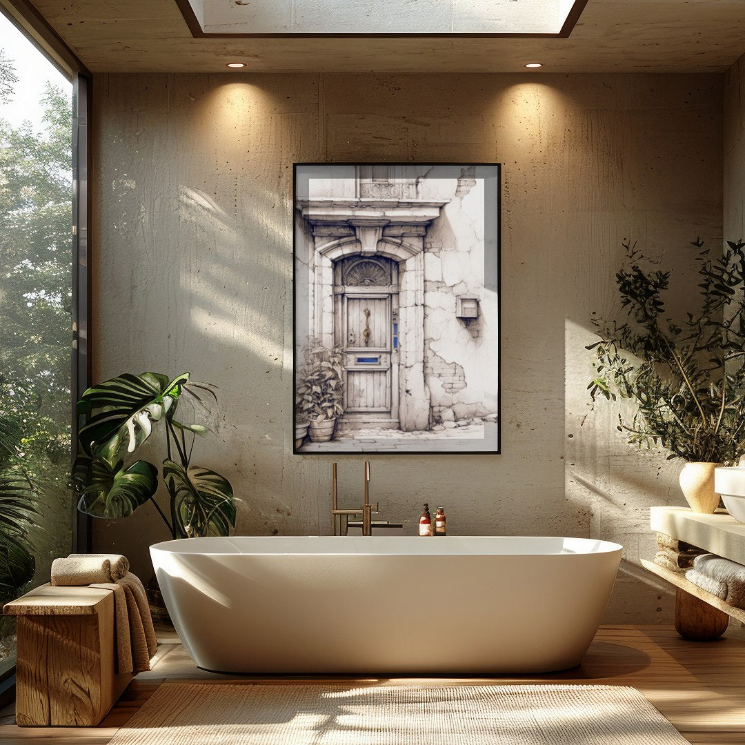 This captivating artwork features a detailed sketch of a rustic doorway, adorned with weathered for Bathroom