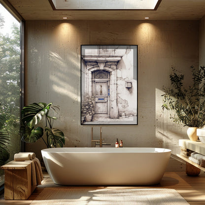 This captivating artwork features a detailed sketch of a rustic doorway, adorned with weathered for Bathroom