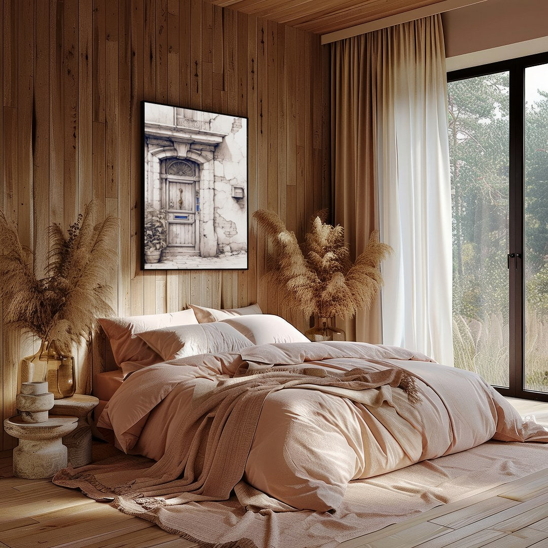 This captivating artwork features a detailed sketch of a rustic doorway, adorned with weathered for Bedroom