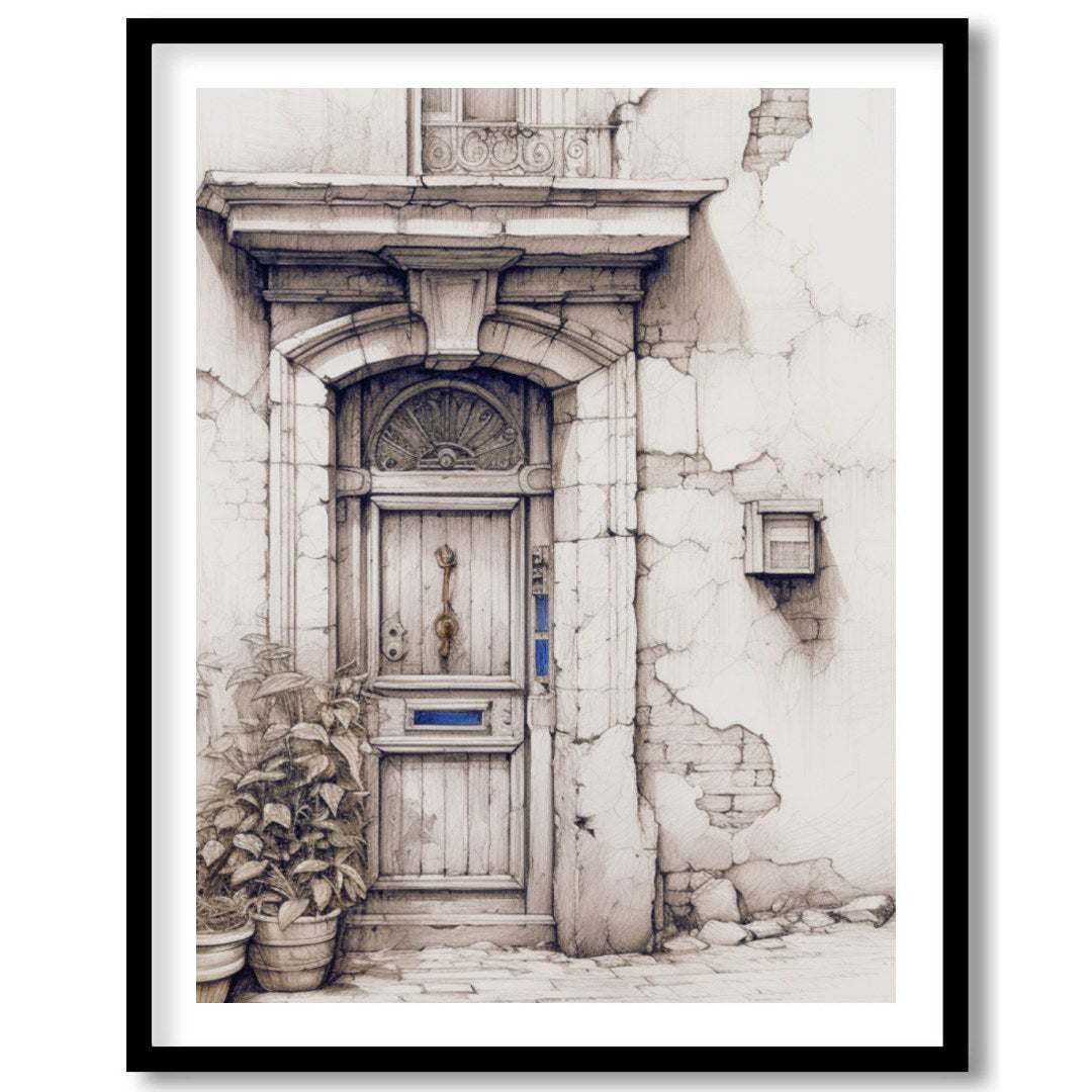 This captivating artwork features a detailed sketch of a rustic doorway, adorned with weathered for decor