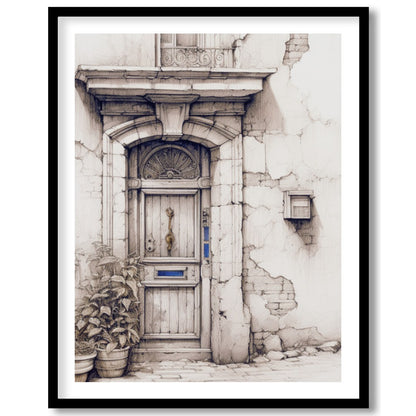 This captivating artwork features a detailed sketch of a rustic doorway, adorned with weathered for decor