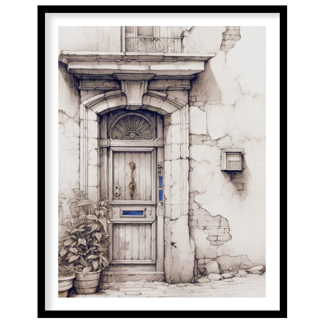 This captivating artwork features a detailed sketch of a rustic doorway, adorned with weathered for decor