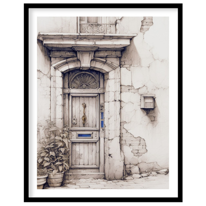 This captivating artwork features a detailed sketch of a rustic doorway, adorned with weathered for decor