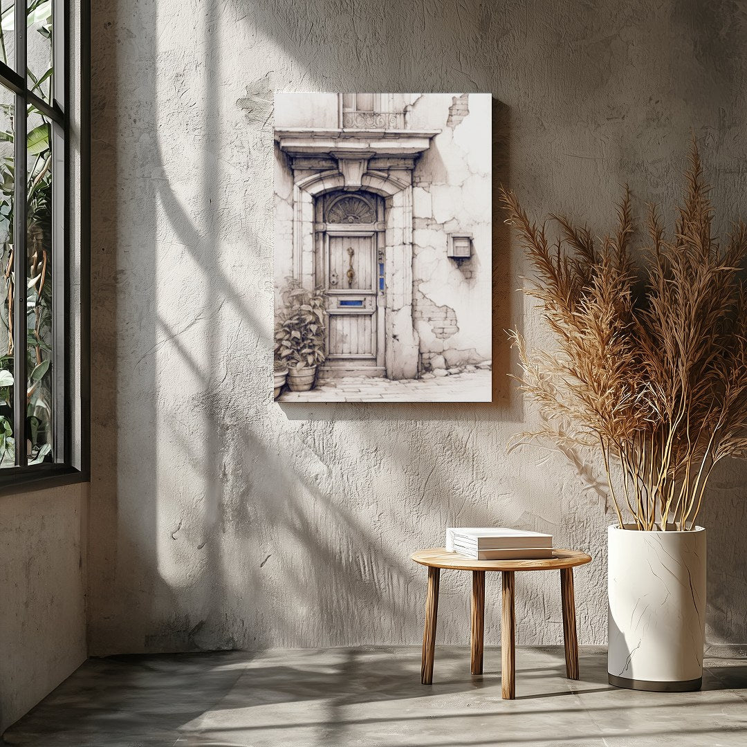 This captivating artwork features a detailed sketch of a rustic doorway, adorned with weathered for Entrance