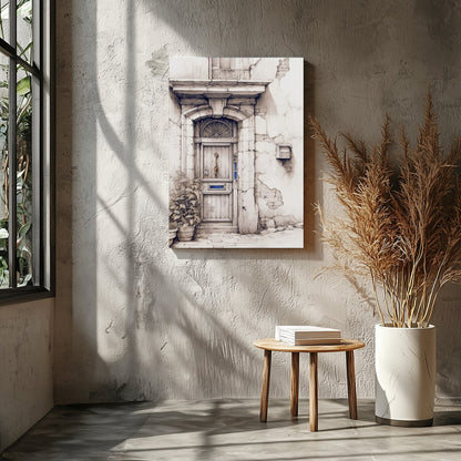 This captivating artwork features a detailed sketch of a rustic doorway, adorned with weathered for Entrance