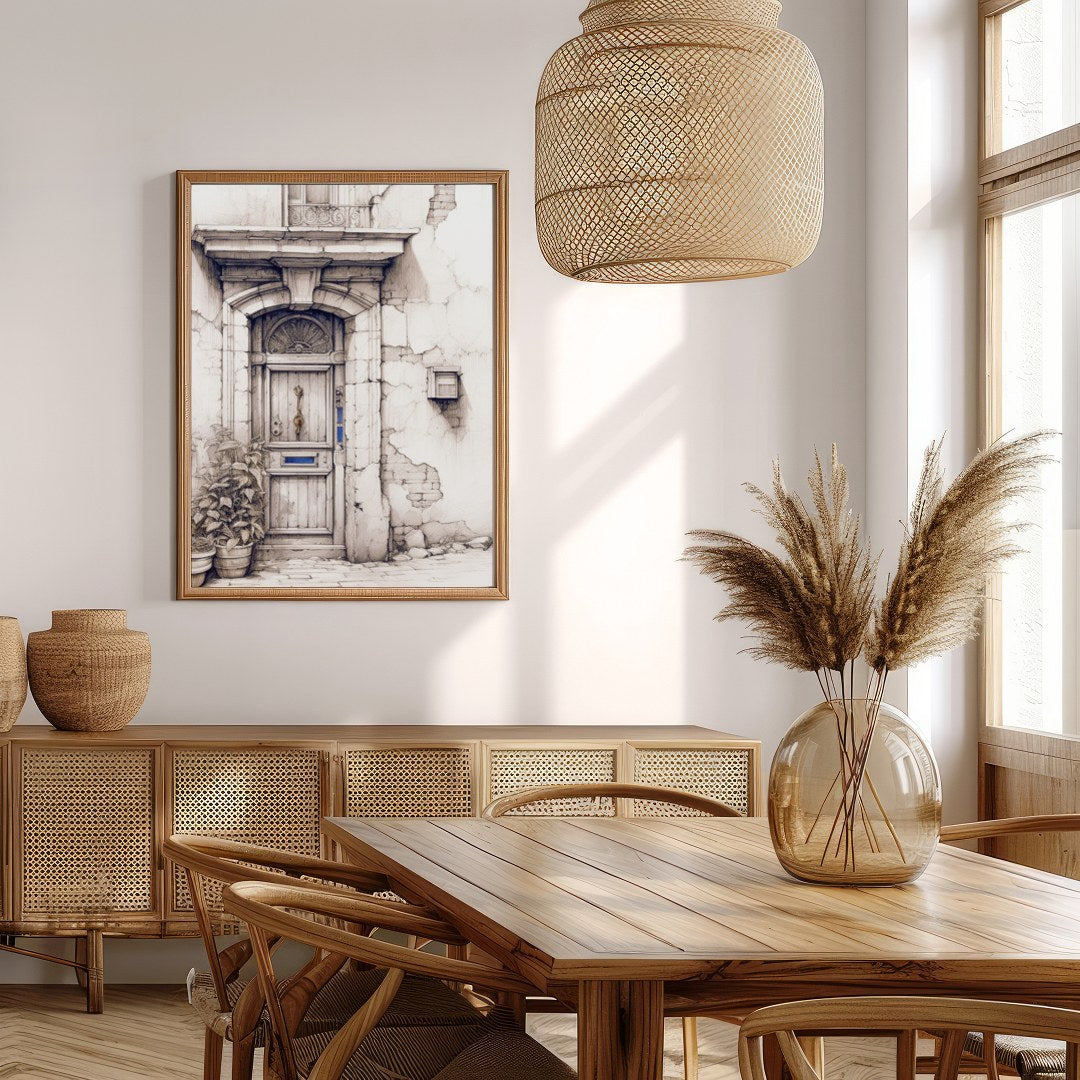 This captivating artwork features a detailed sketch of a rustic doorway, adorned with weathered for Extra Kitchen