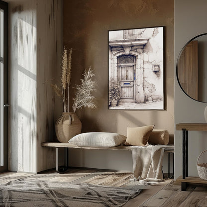 This captivating artwork features a detailed sketch of a rustic doorway, adorned with weathered for gallery