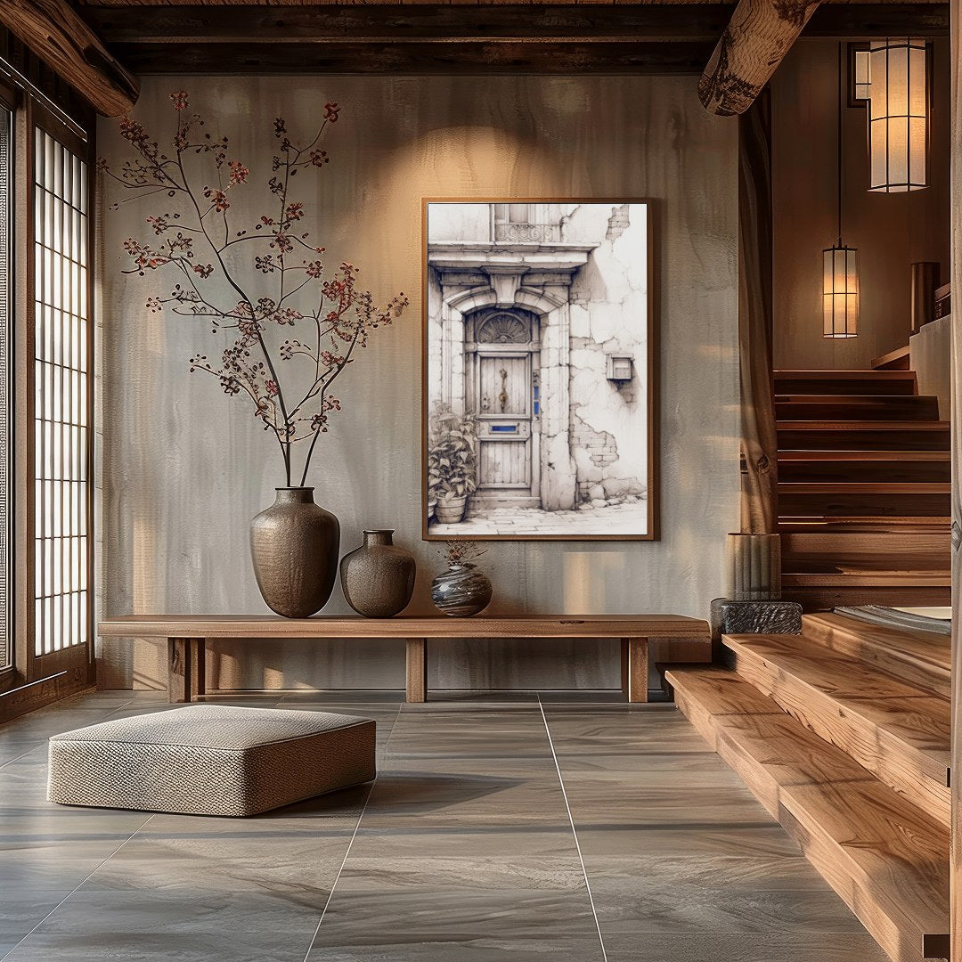This captivating artwork features a detailed sketch of a rustic doorway, adorned with weathered for Hall