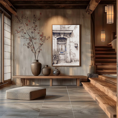 This captivating artwork features a detailed sketch of a rustic doorway, adorned with weathered for Hall