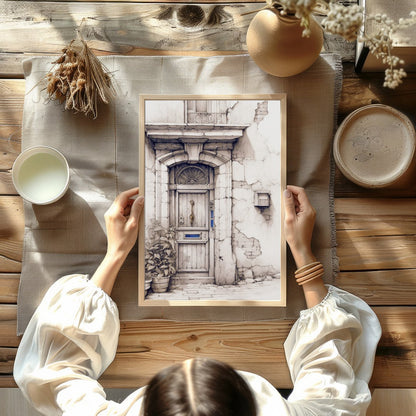 This captivating artwork features a detailed sketch of a rustic doorway, adorned with weathered for Kitchen