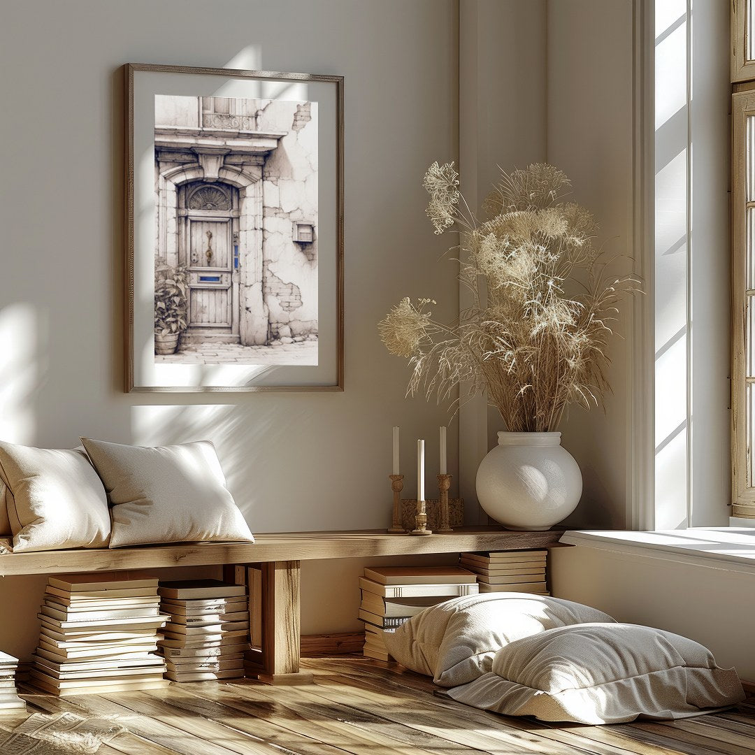 This captivating artwork features a detailed sketch of a rustic doorway, adorned with weathered for office
