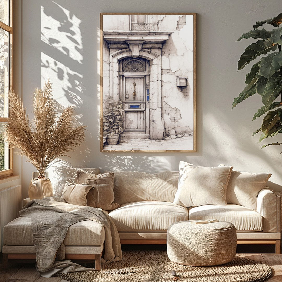 This captivating artwork features a detailed sketch of a rustic doorway, adorned with weathered for Sitting Area