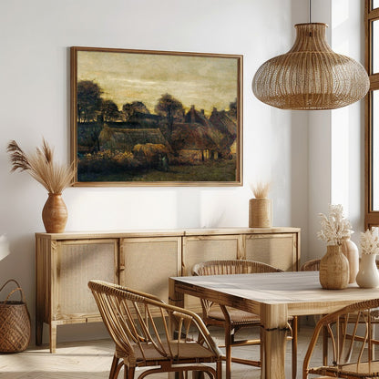 Capture the serene ambiance of the countryside with this evocative painting of a village at dusk. for Dining