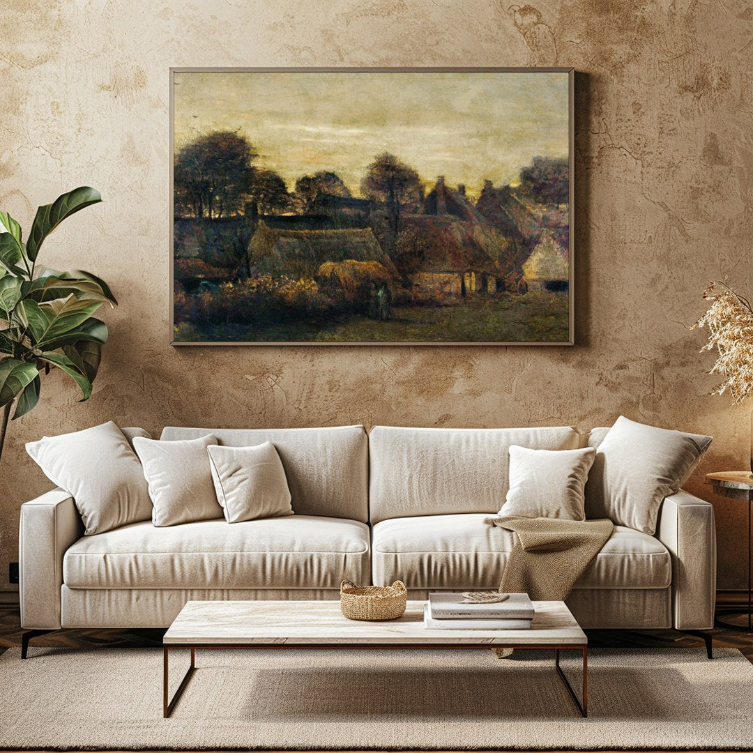 Capture the serene ambiance of the countryside with this evocative painting of a village at dusk. for Family Room