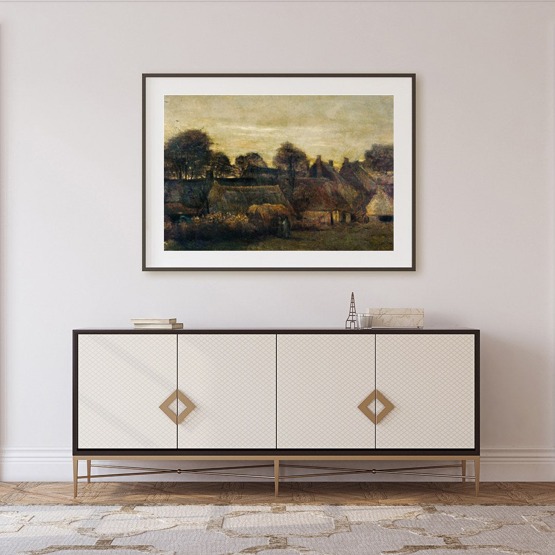 Capture the serene ambiance of the countryside with this evocative painting of a village at dusk. for Foyer