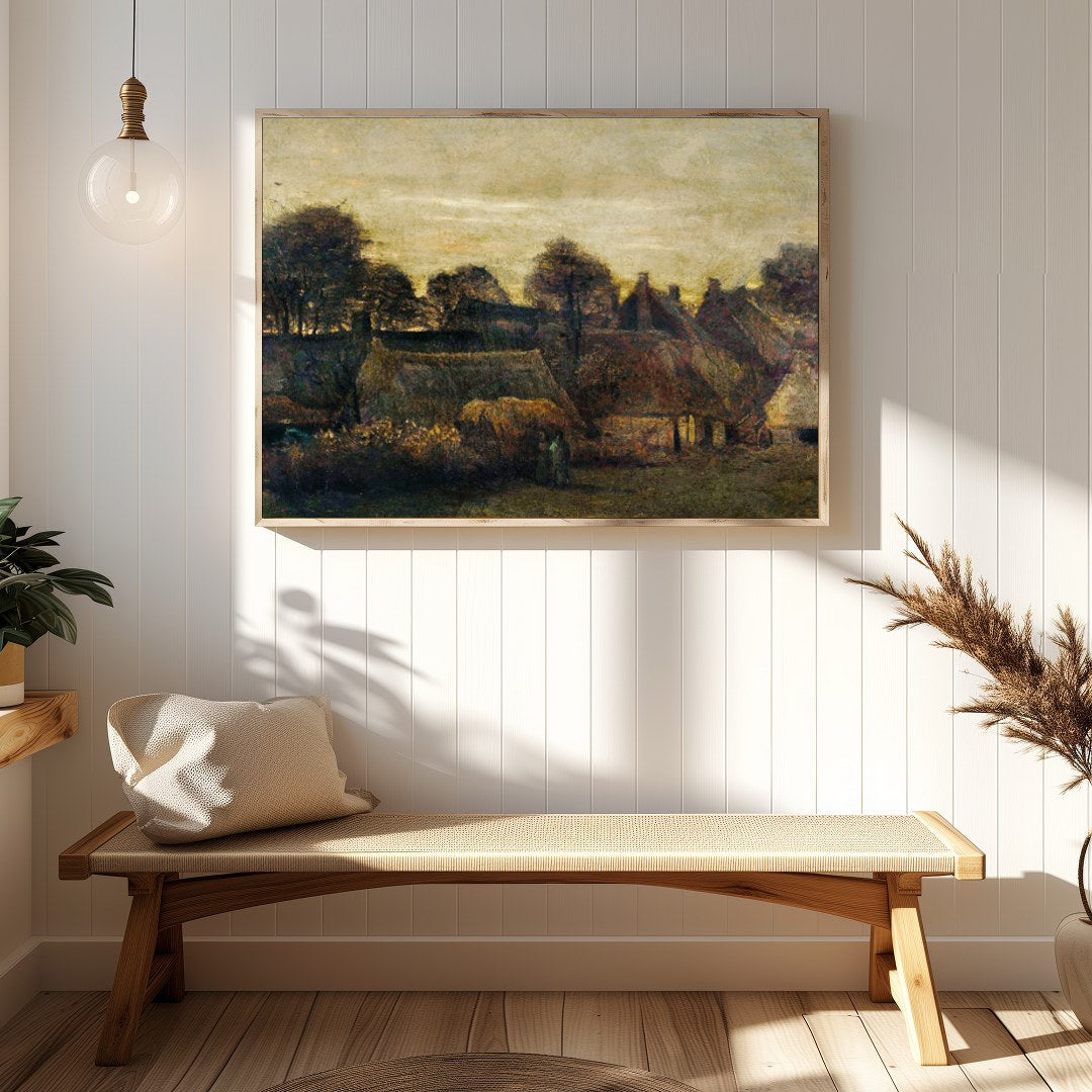 Capture the serene ambiance of the countryside with this evocative painting of a village at dusk. for Hallway