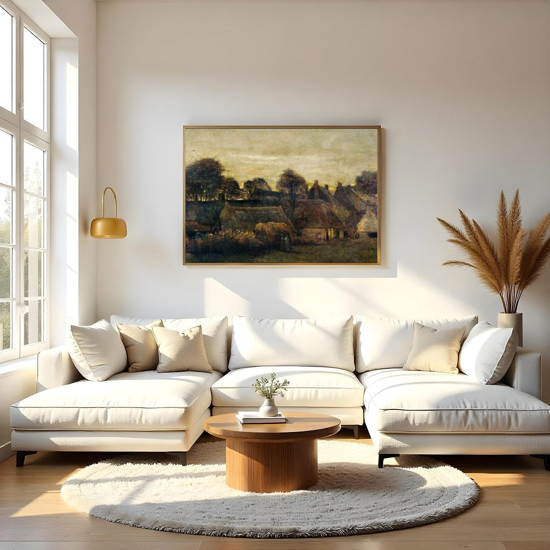 Capture the serene ambiance of the countryside with this evocative painting of a village at dusk. for Living Room