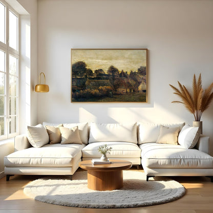 Capture the serene ambiance of the countryside with this evocative painting of a village at dusk. for Living Room