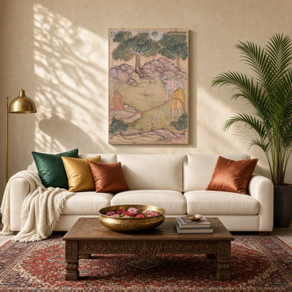 Immerse yourself in the spiritual journey of Hanuman and Ram with this exquisite piece of Indian for Living Room