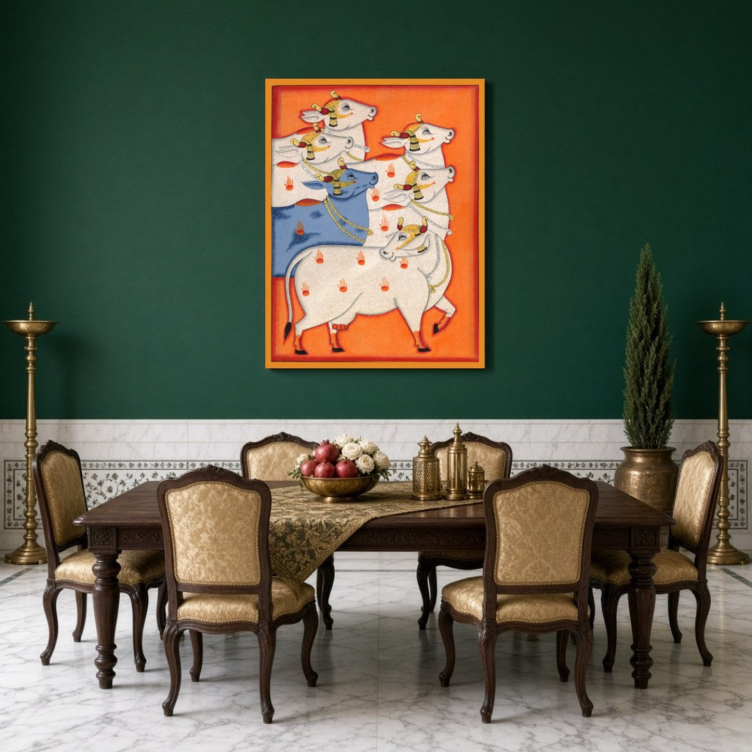 Immerse yourself in the spiritual beauty of this Pichwai artwork, showcasing a regal procession of for Dining