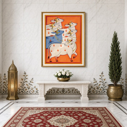 Immerse yourself in the spiritual beauty of this Pichwai artwork, showcasing a regal procession of for Entrance