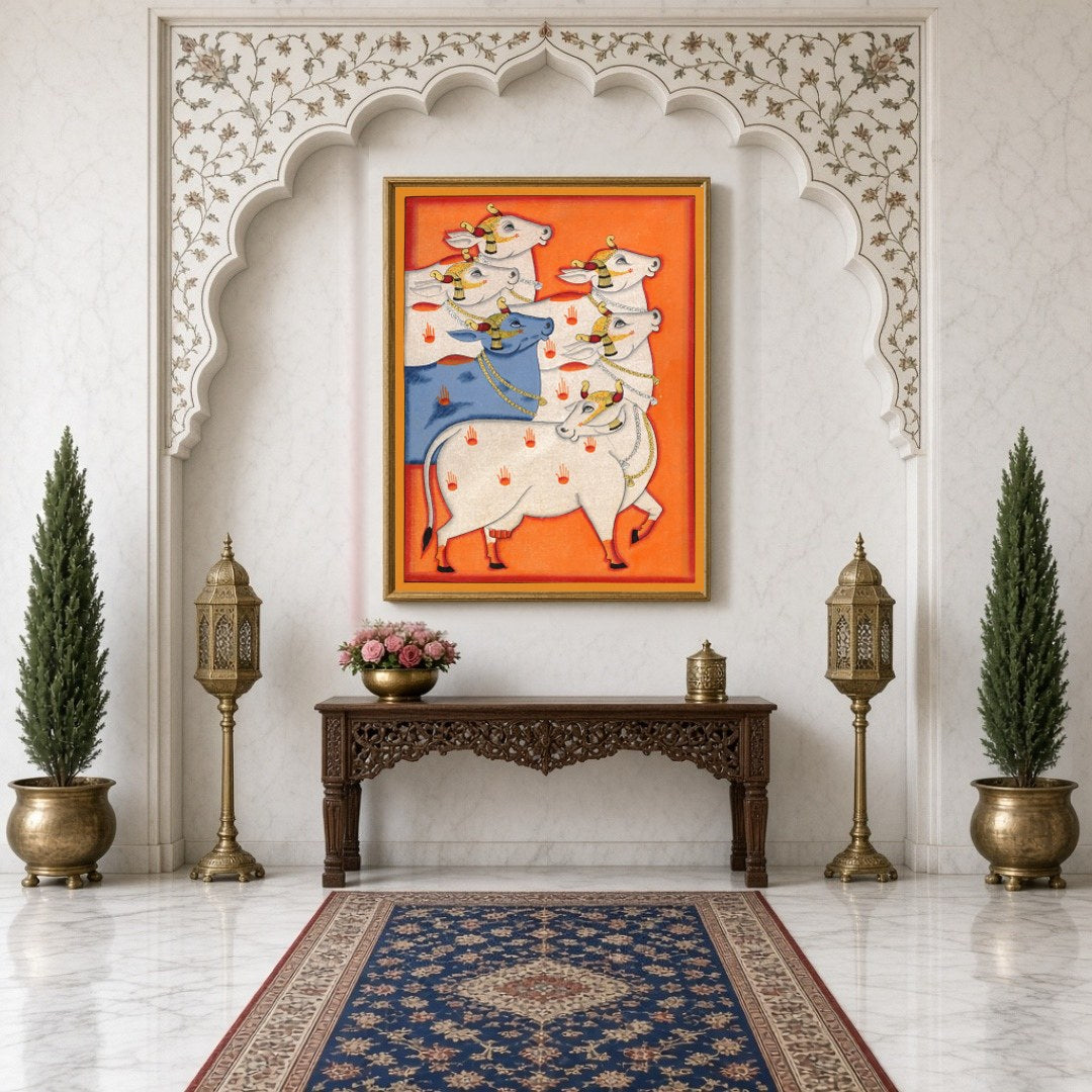 Immerse yourself in the spiritual beauty of this Pichwai artwork, showcasing a regal procession of for Hallway