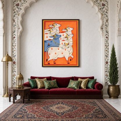 Immerse yourself in the spiritual beauty of this Pichwai artwork, showcasing a regal procession of for Living Room