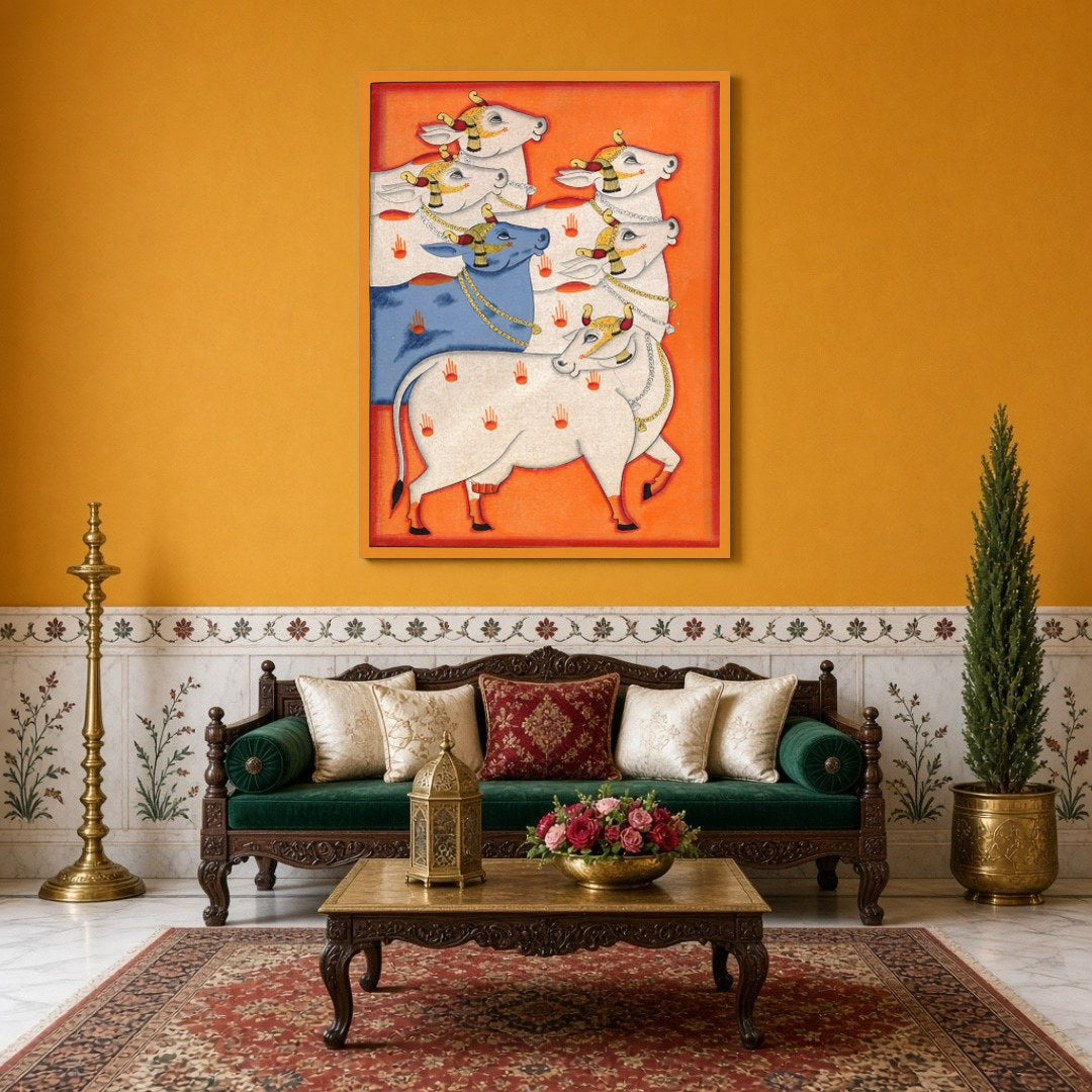 Immerse yourself in the spiritual beauty of this Pichwai artwork, showcasing a regal procession of for Sitting Area